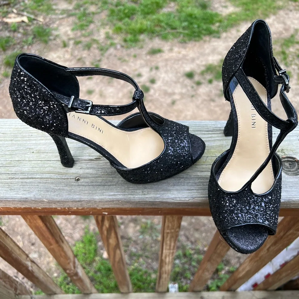 GIANNI BINI Open Toe Black Platform Sparkle Glitter Heels Women’s 7.5